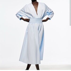 Zara blue poplin smocked waist midi dress size M NWT